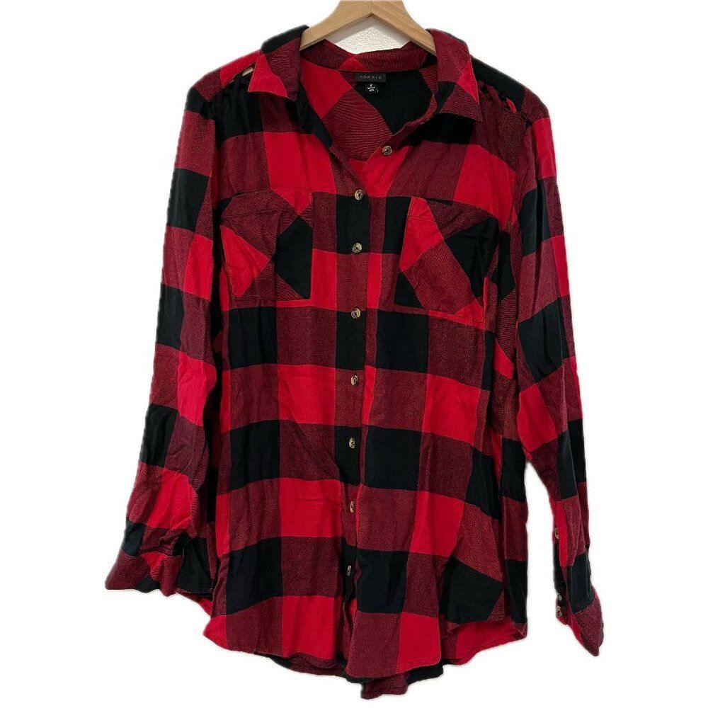 Torrid Red & Black Plaid Long Sleeve Button Down Top - Size 2X